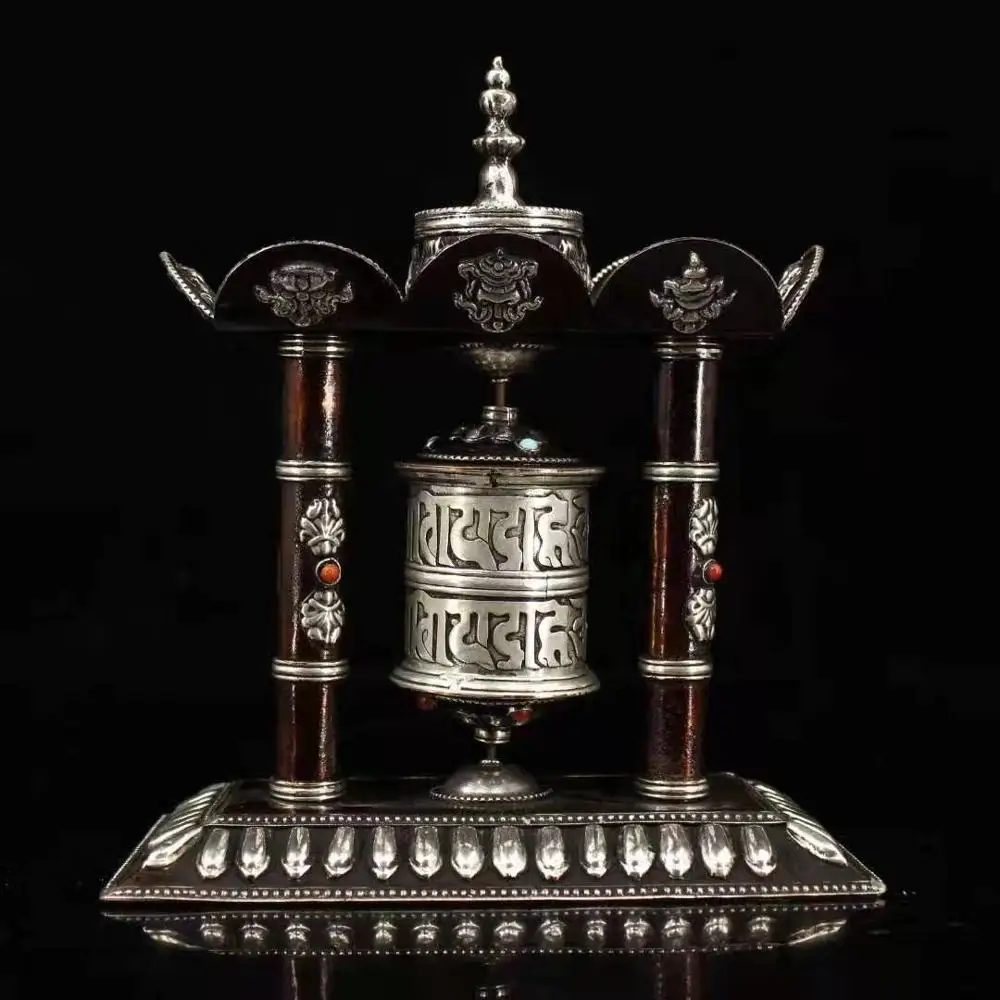 Nepal pure hand work copper inlaid silver inlaid auspicious eight bao turn The wheel