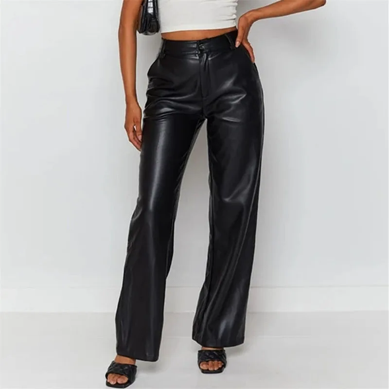 

Women's PU Pants High Waist Loose Style Trousers With Pockets Solid Color Straight-leg Pants Brown Black Streetwear Autumn