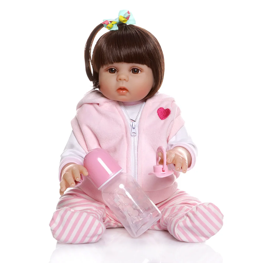 straight hair 48CM bebe doll reborn toddler doll girl in pig dress full body soft silicone realistic flexible baby bath toy