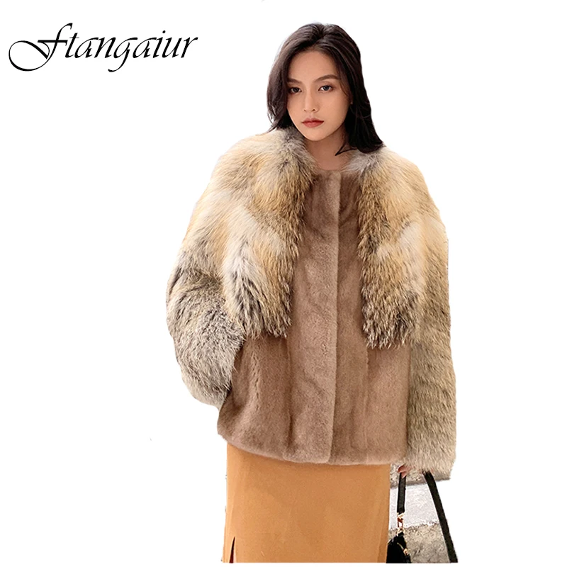 

Ftangaiur Winter Import Velvet Mink Fur Coat Patchwork Golden Island Fox Fur Slim Women's Short Natural Real Mink Fur Coats