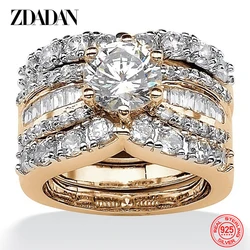 ZDADAN 925 Sterling Silver 18K Gold 3pcs Geometric Zircon Rings For Women Jewelry Gift