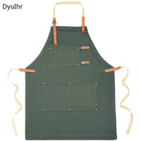 DyuIhr Retro Army Green Sleeveless Waterproof Apron Multi-pocket Design Coffee Shop Household Goods Dirty-resistant Canvas Apron