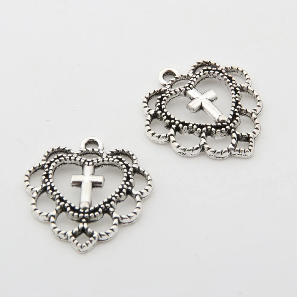 20pcs  Silver Color Heart Shaped Cross Charms Pendant For Women Earrings Accessories Jewelry Supplies 20x22mm A3331