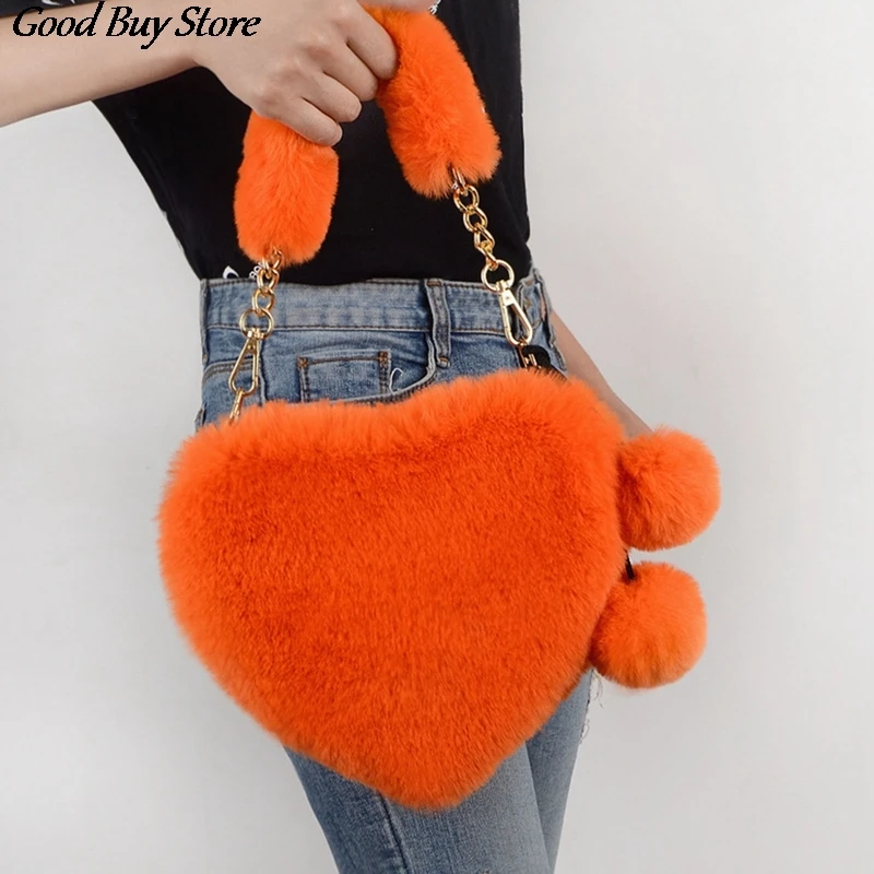 Heart Shape Winter Bag Women Plush Clutch Fashion Faux Fur Totes Underarm Handbags Party Shoulder Bags Female 2022 Hand Purse