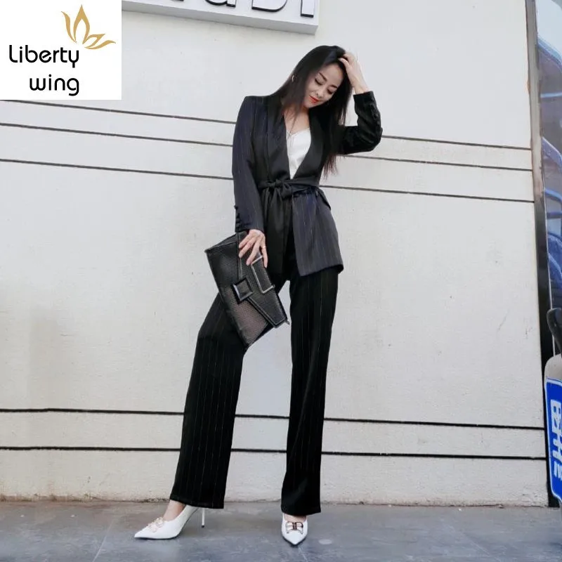 High Quality Fashion Office Ladies 2Pcs Suits Elegant Long Sleeve Shawl Collar Belt Blazer Top Straight Full Length Trousers