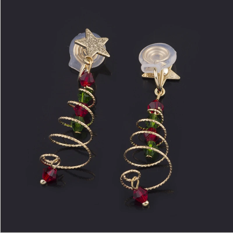 ER007 Koreaanse Kerstcadeau Kerstboom Spiraal Meisje Oorbel Vijfpuntige Ster Crystal Fashion Vrouwen Stud Clip Op Oorbel