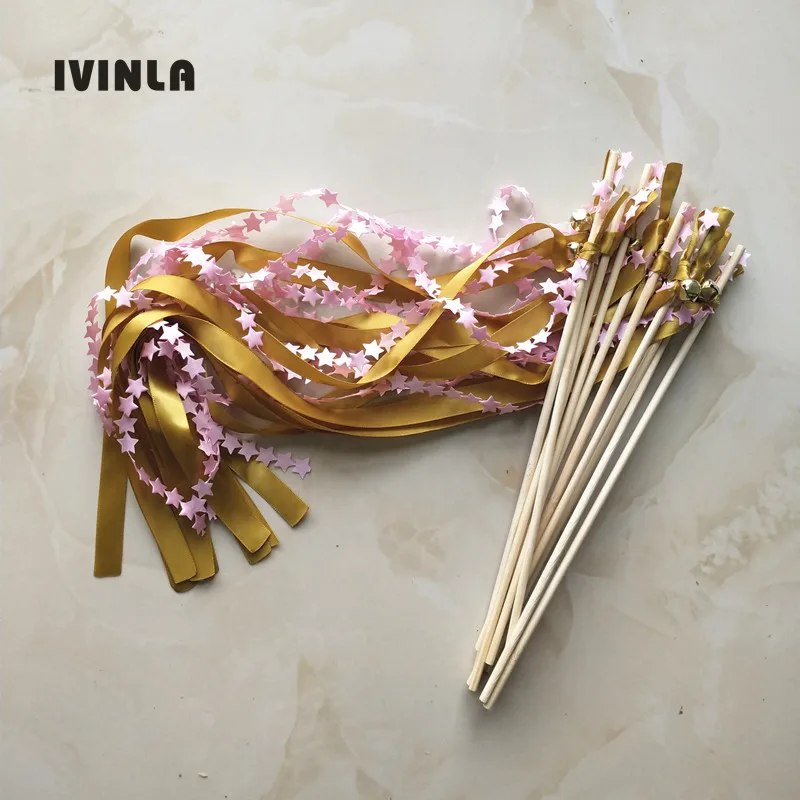 30pcs/lot  gold and pink wedding ribbon wands with star for wedding decoration