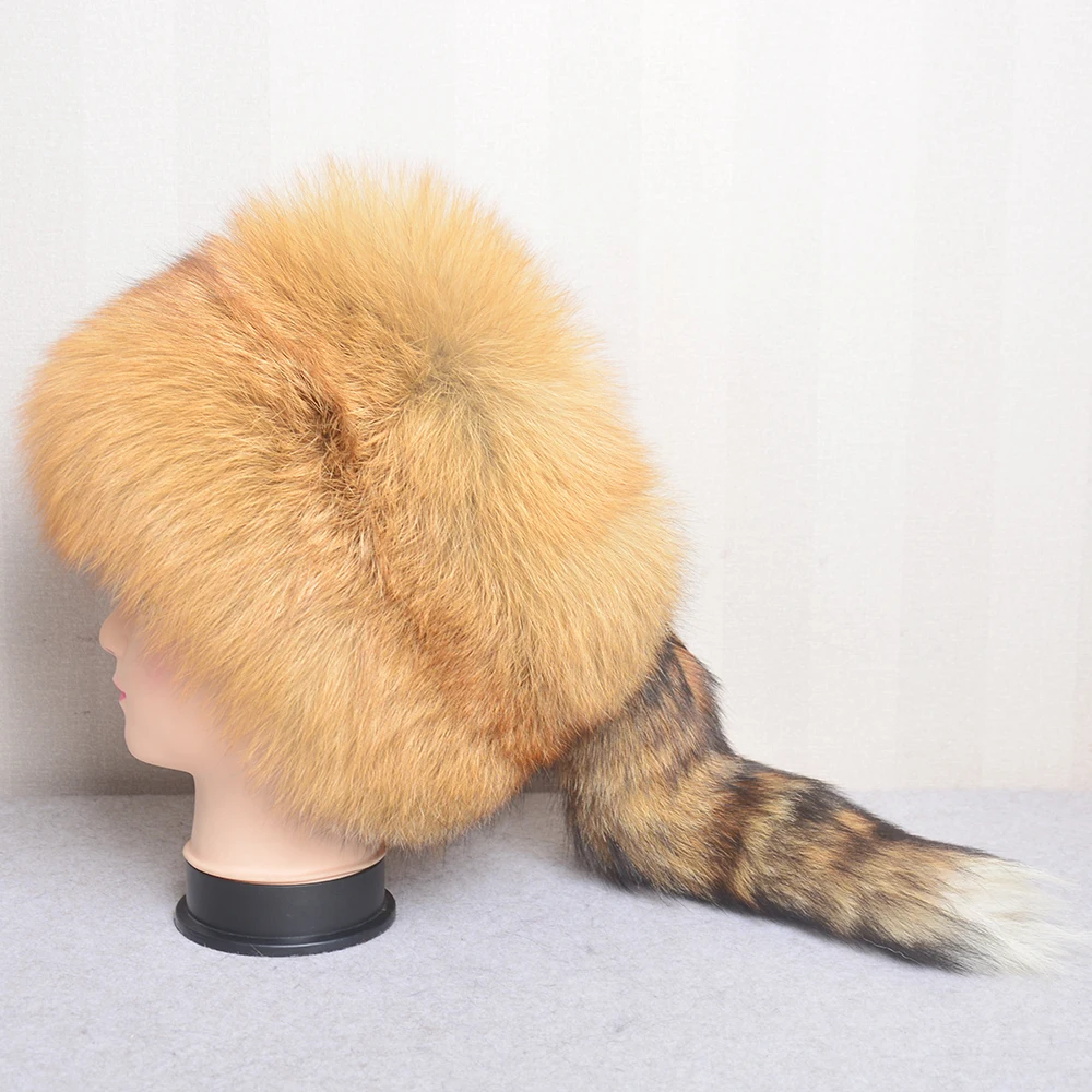 Thickened Snow Outdoor Russian Style Winter Cap For Women Handmade Warm Fluffy Outdoor Female Natural Fox Fur Tail Ushanka Hat