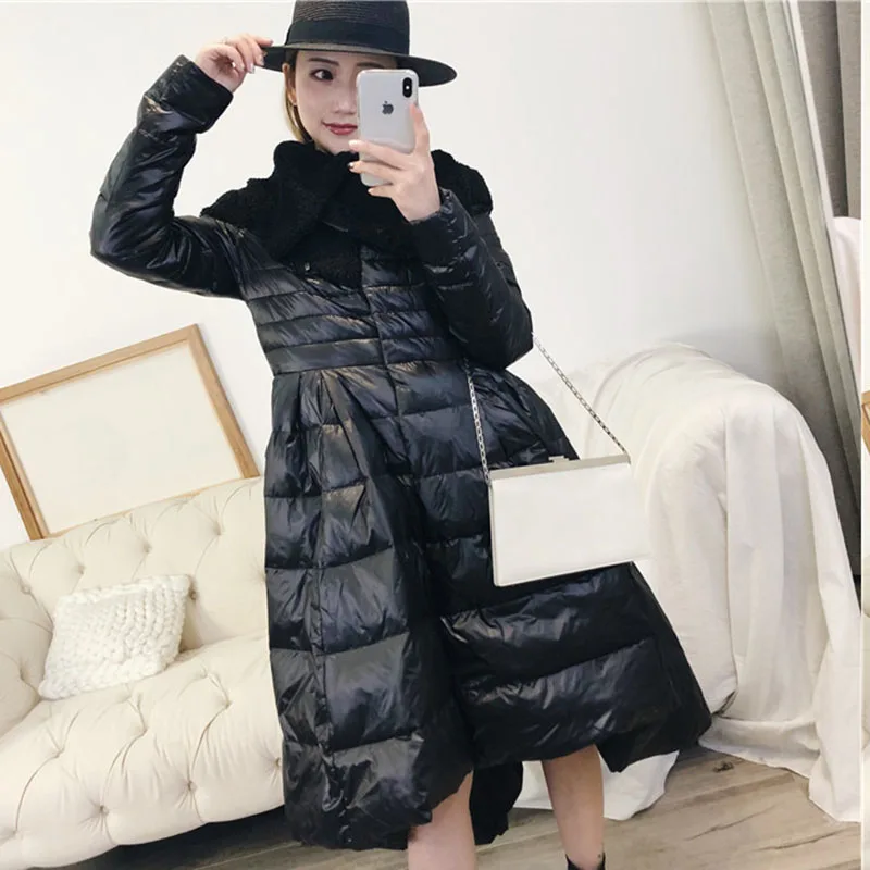 Stilysh Big Swing Skirt Down Jacket Winter Women Irregular Hem Waist Slim Outwear Parka Turn-collar White Duck Down Coats Long