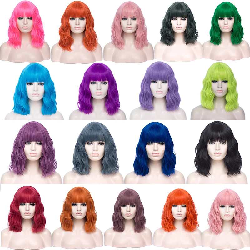 MSIWIGS Short Bobo Wavy Cosplay Wigs for Women Purple Red Green Bob Synthetic Wig Brown Blue Black with Bang for Girl