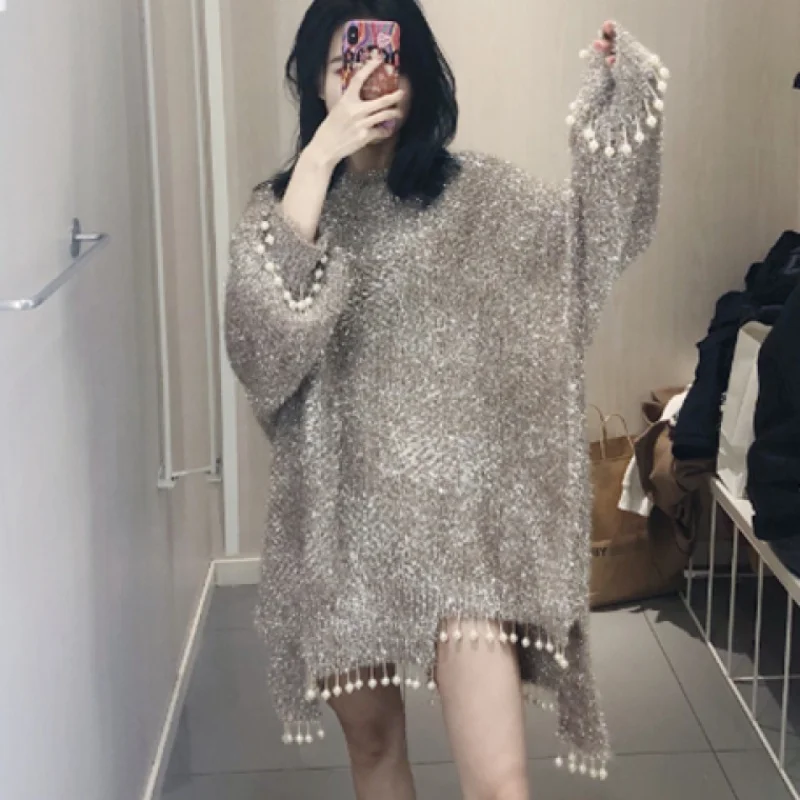 Cakucool New Silver Lurex Sweaters Pearls Beading Tassel Shiny Asymmetric Jumper Korean Cute Furry Mid Long Sweaters Khaki