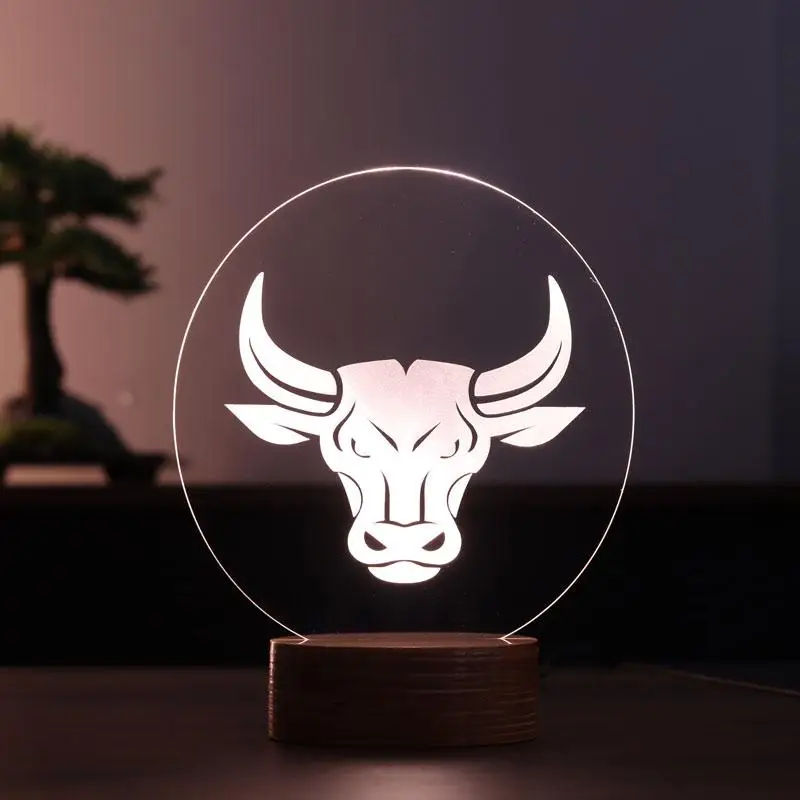 Bull acrílico 3d ilusão led candeeiro de mesa 12 volts adaptador luz do dia design base madeira aniversário presente dia especial ideia para casais