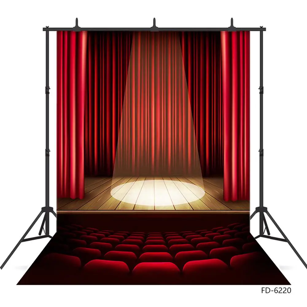 Red Curtain Spotlight Auditorium Stage Photography Background Vinyl Backdrop Photo Studio for Children Baby Portrait Photobooth