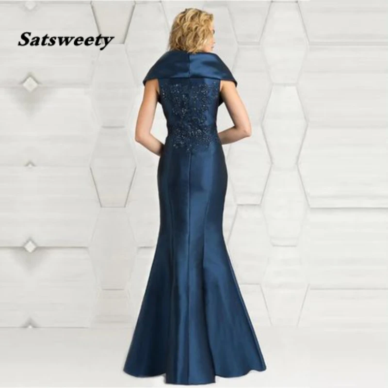 2024 Latest Elegant Mermaid Navy Lace Applique Cap Sleeve Mother of the Bride Dresses Beaded Wedding Guest Gowns Full Length