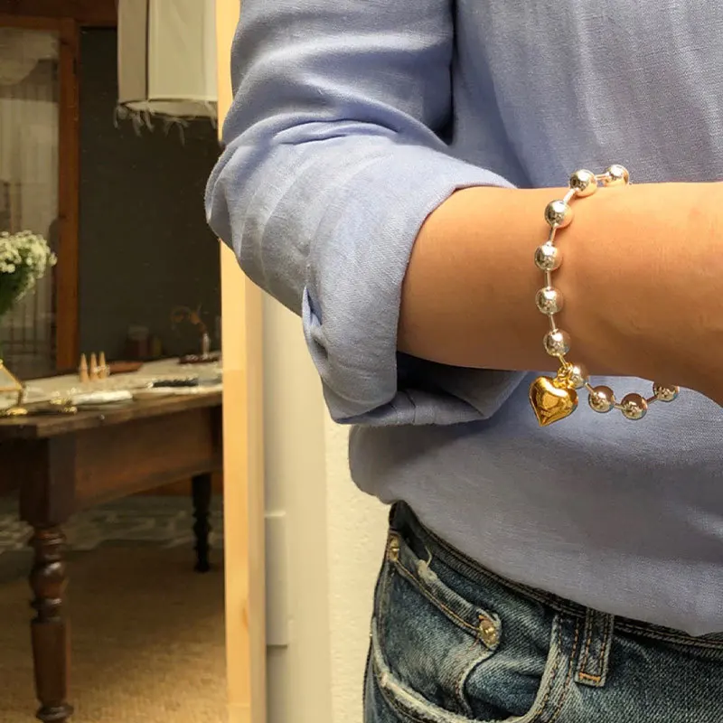 LIVVY Silver Color Smooth Love Heasrt Pendant Bracelet Fashion Temperament Simple Beautiful Beaded Chain Bangles Jewelry