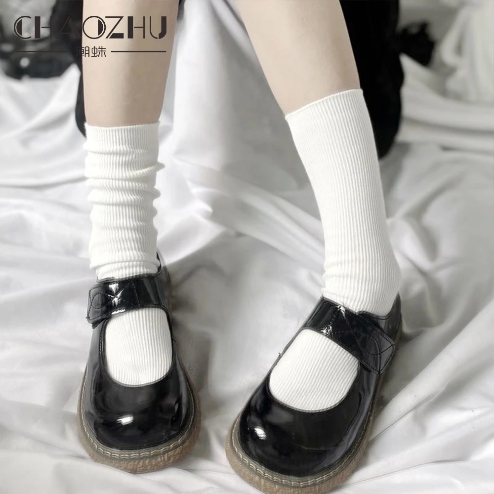 CHAOZHU Black White Jk Uniform School Girls Lolita Cosplay Accessories Socks Girls Cotton Knitting Lace Top Loose Rib Sockken