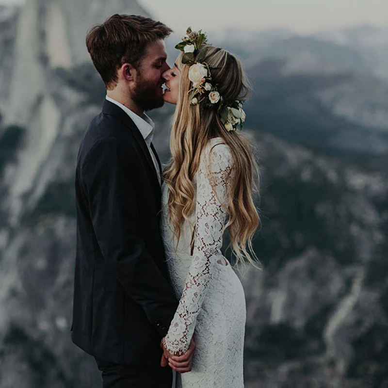 Vestido de novia de manga larga de encaje, traje de novia con diseño de sirena, calado rústico, espalda abierta, cuello de murciélago, fotografía