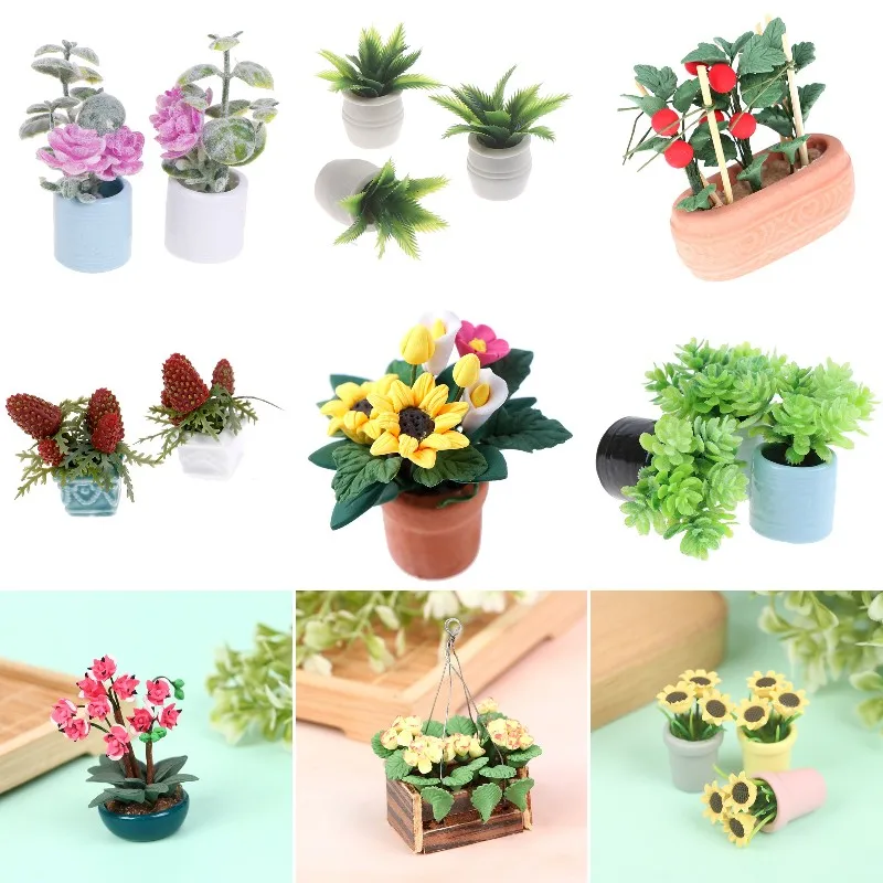 1:12 DollHouse Miniature Flowers Bonsai Tomato Sunflower Moth Orchid Flower Bush Mini Potted Plant Flowers Pot Home Garden Decor