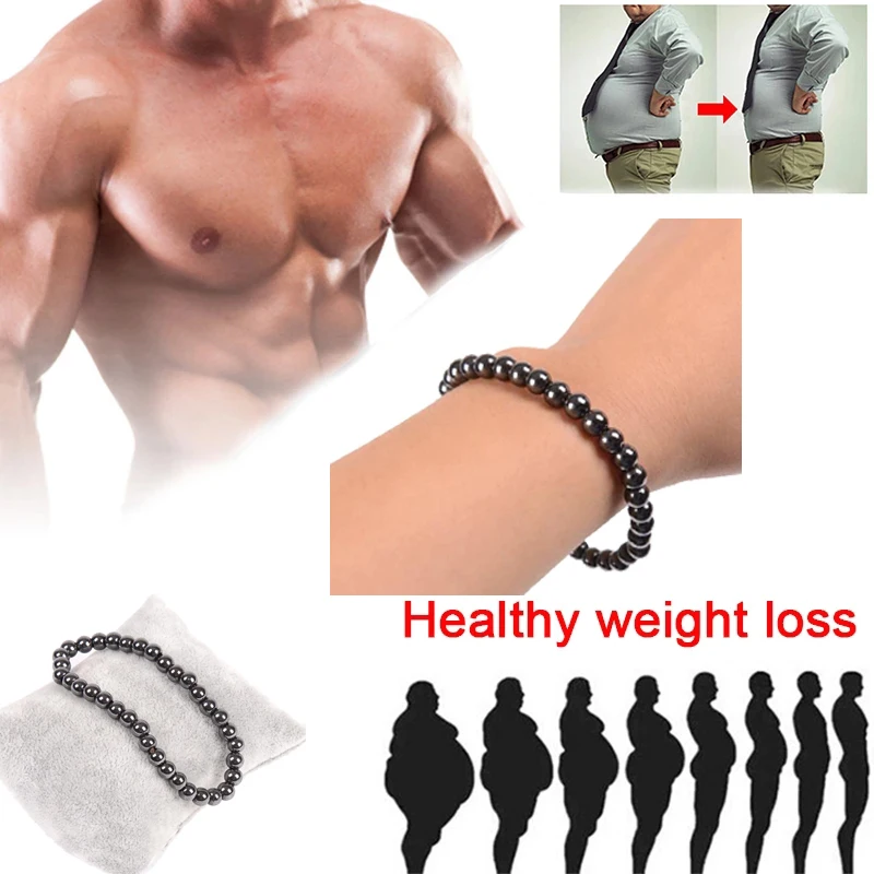 Weight Loss Nature stone Magnetic Therapy Health Bracelet Trendy Hematite Round Black Charm Stretch Bracelet For Men Women