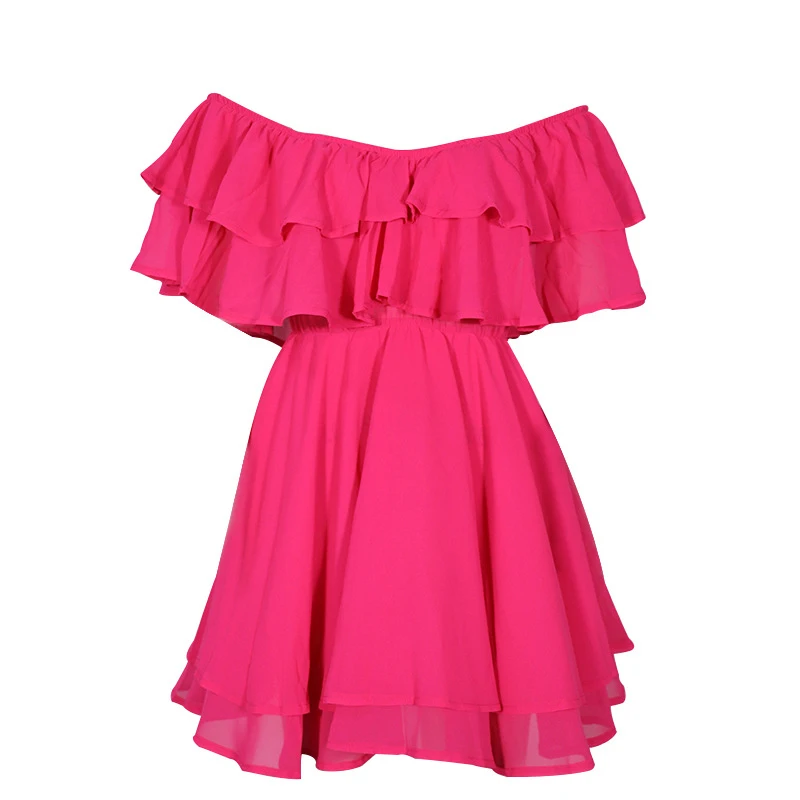 Off Shoulder Ruffle Short Mini Dress Women Summer Fashion A Line Sundress Robe Female Solid Color Casual Sundress M6075