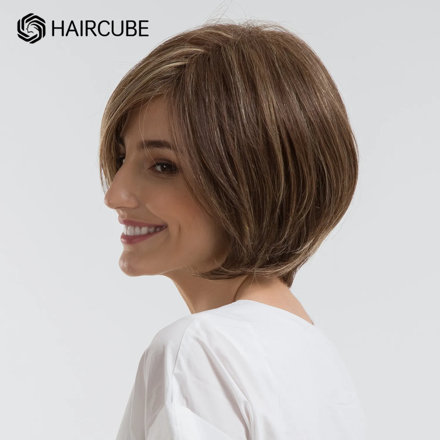 Haircube-perucas sintéticas curtas marrons com franja para mulheres, perucas retas de alta temperatura, 30 cabelos humanos, mistura