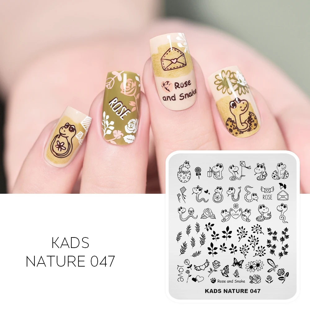 KADS Nature 047 Nail Stamping Plates Snake Butterfly Rose Bee Design Stainless Steel Nail Print Stencil Nails Stamping Polish