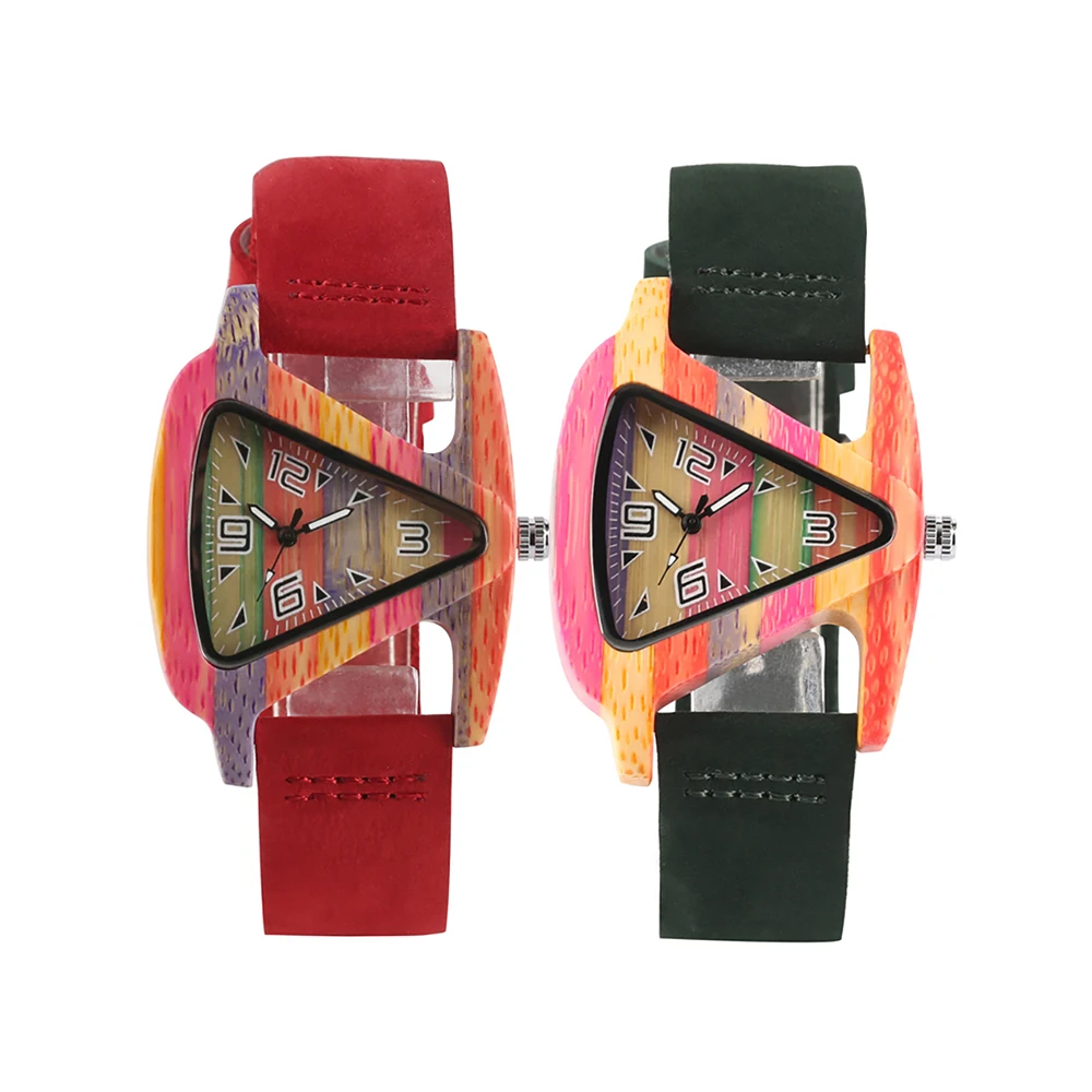 

Women Watches Novel Design Triangle Shape Quartz Bamboo Wristwatch with Leather Watch Strap Casual Clock Gifts for Female reloj