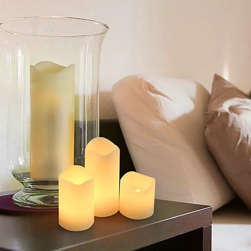 Set dari 4 Lilin Pilar LED Tanpa Api Tepi Bergelombang Remote Control (6 "4" 3 "2") Lilin Parafin Gading Tealight Dekorasi Pesta Pernikahan-YELLO