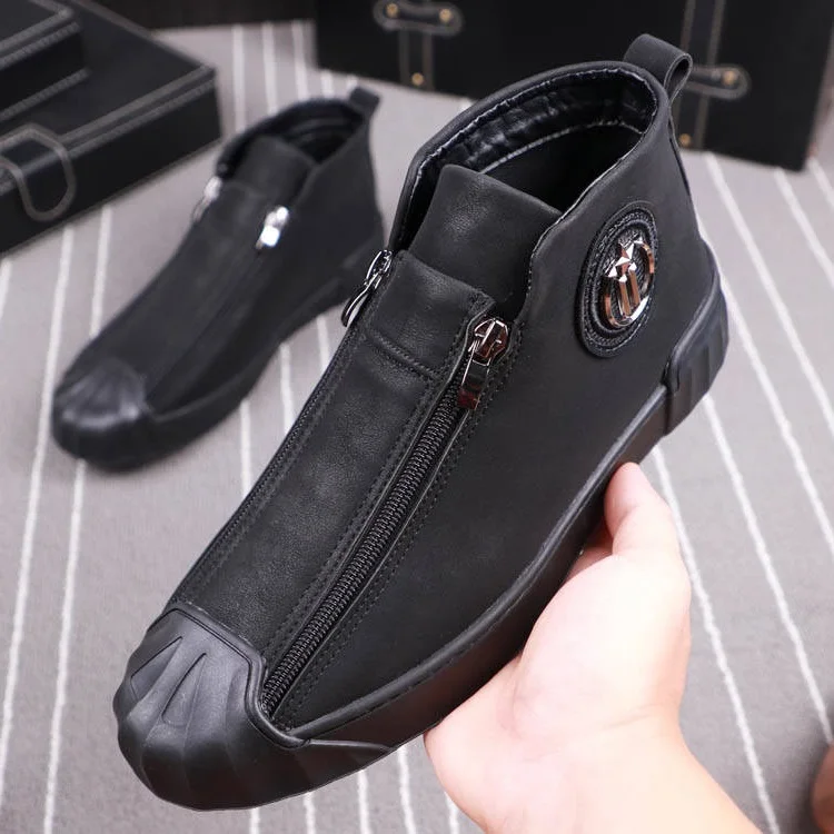 Soft leather men\'s casual shoes part of the gift high top metal buckle slipper brand designer Zapatos Hombre luxury safty zipper