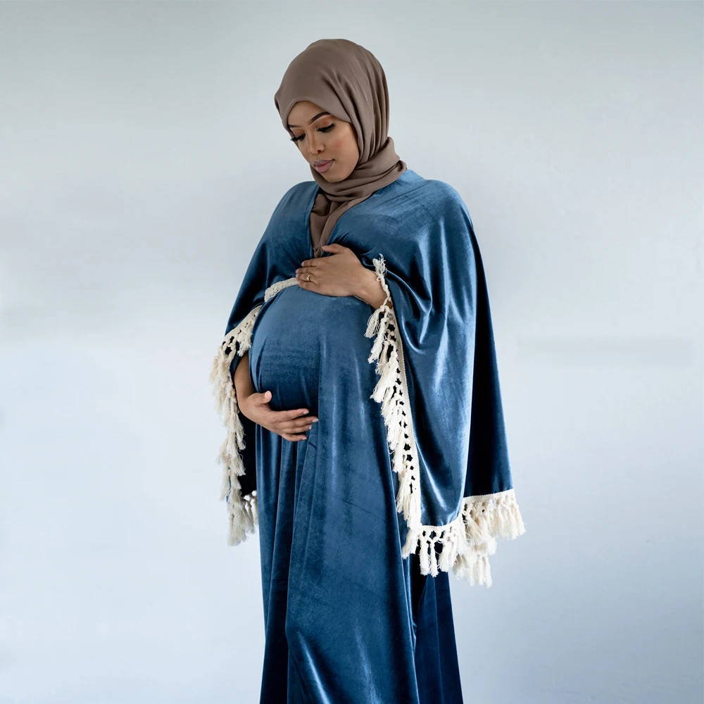 Photo Shooting Boho Maxi Long Bell Sleeves White Tassel Maternity Dress Pregnancy Velvet Gown for Woman Muslim Photography Prop