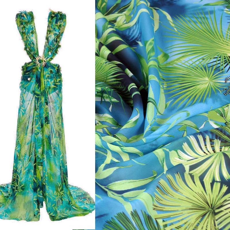 100X145cm Green jungle Leaves Printed Thin Chiffon Fabric For Woman Girl Spring and Summer Long Dress DIY Sewing