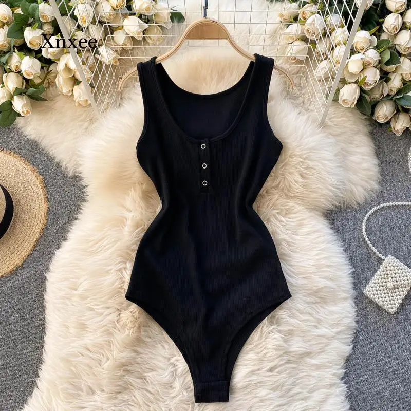 Women's Bodysuit Solid O-Neck Sleeveless Summer Slim Stretch Rib Knit Tank Top Button Up Casual Female Romper Bodysuits Clothing