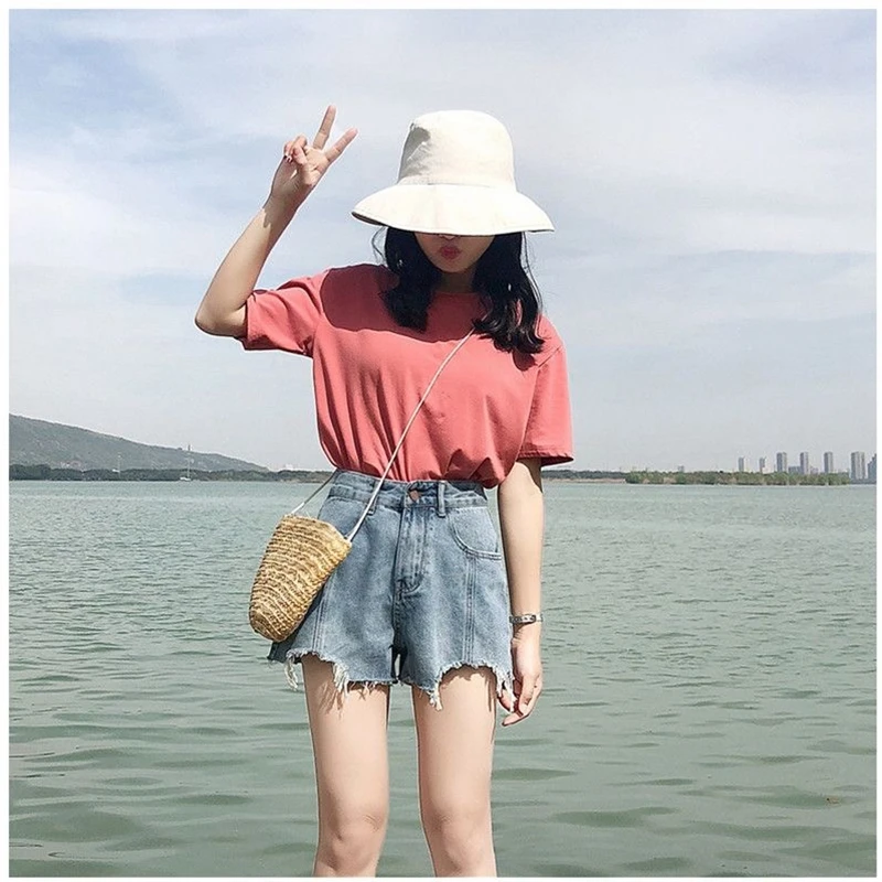 Summer Denim Shorts Jeans Patchwork high Waist Vintage fur-lined leg-openings zipper pocket Ripped notched loose Shorts woman