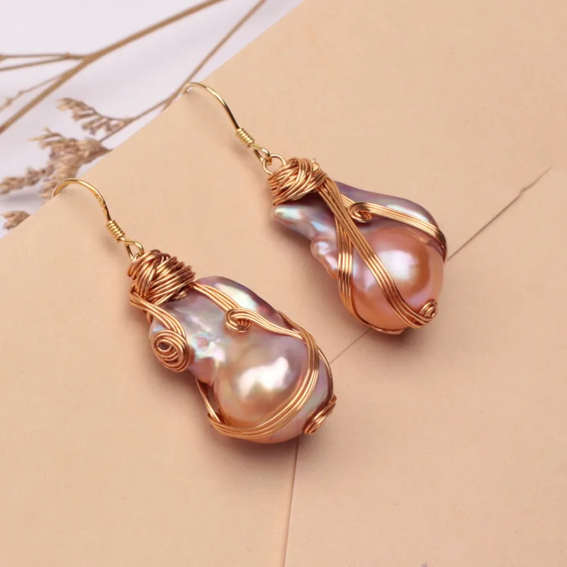 Handmade natural purple big baroque cultured real pearl gold plated 925 sterling silver hook women high quality jewelry