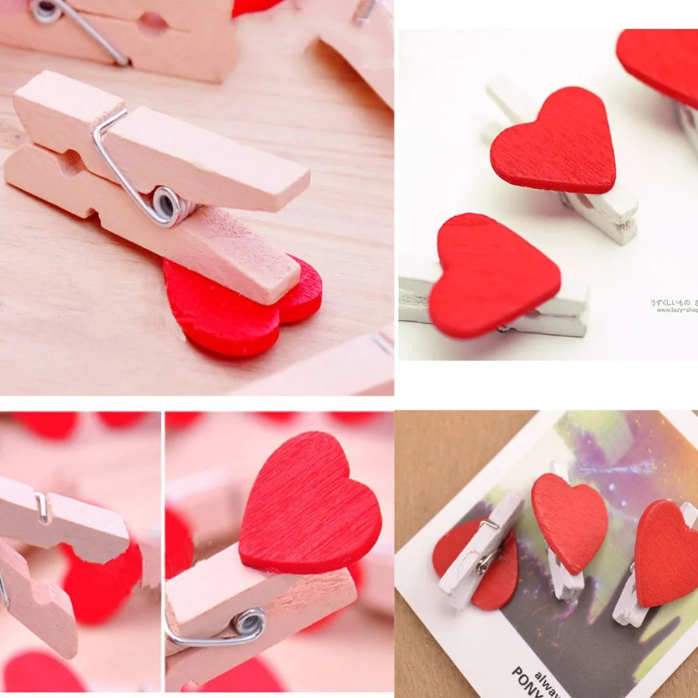 20Pcs/Pack Mini Heart Love Wooden Clothes Photo Paper Peg Pin Clothespin Craft Postcard Clips Home Wedding Decoration