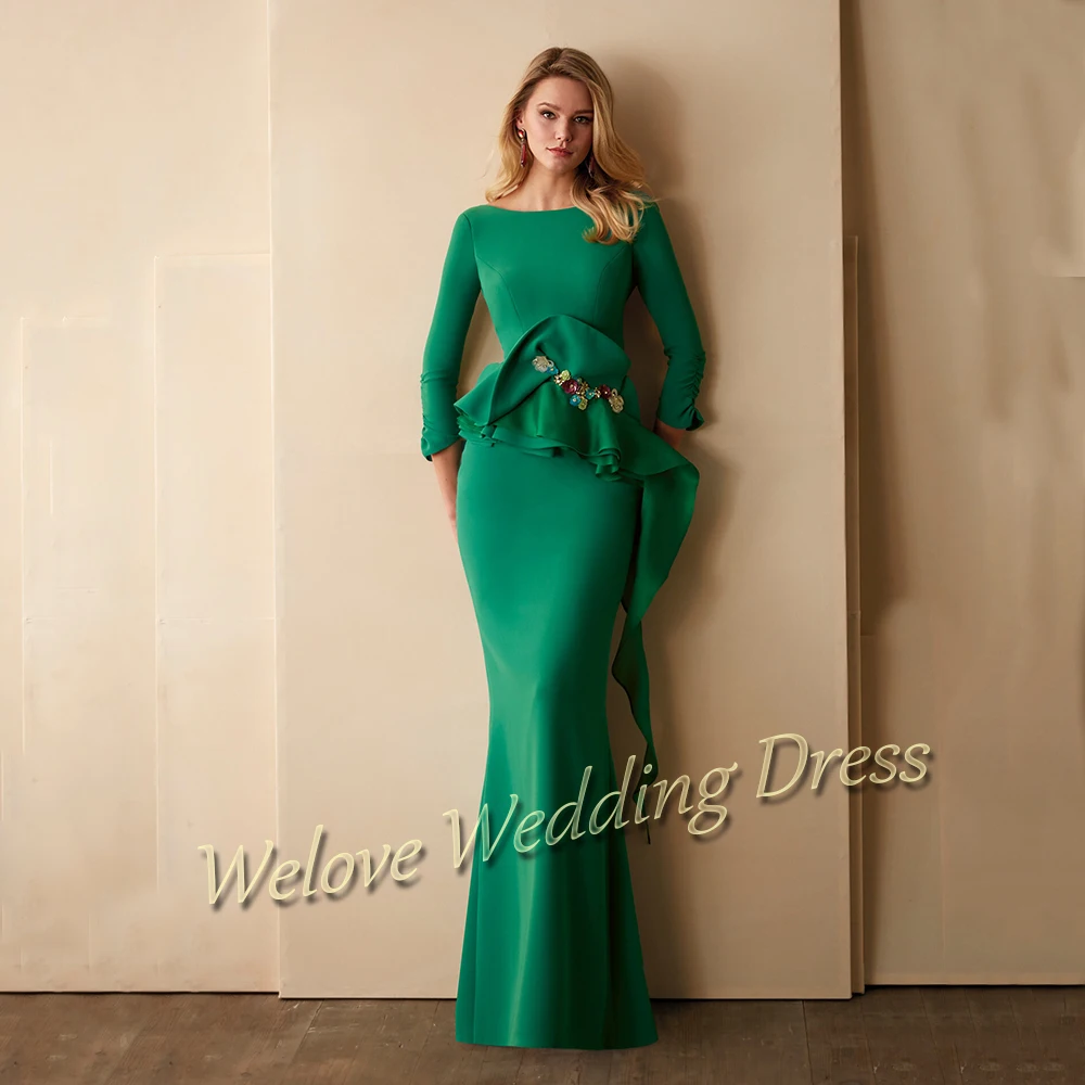 Vestido de sirena verde para madre de la novia, manga 3/4, Espalda descubierta, largo hasta el suelo, Formal, para fiesta de invitados, Madrina