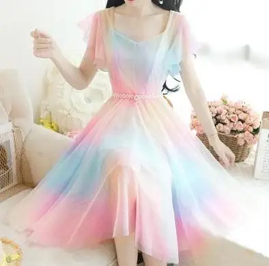 Colorful gradient rainbow soft mesh phantom mesh fabric design creative fashion background fabric Hanfu children\'s clothing fabr