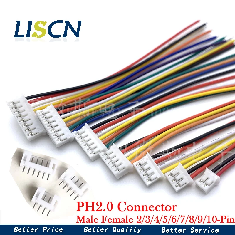 10Sets Mini Micro 2.0 PH Connector Male Female 2/3/4/5/6/7/8/9/10-Pin Plug With Wires Cables Socket 200MM 26AWG PH2.0 New