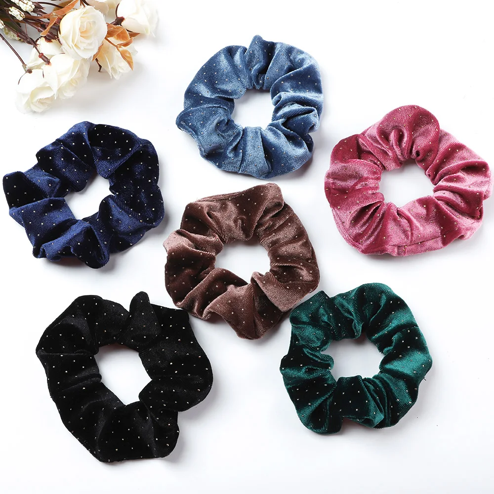 Winter Gold Dot Velvet Soft Scrunchies Elastic Hair band Women Girl Solid High Quality Ponytail Holder Hair Ties Accessories Set