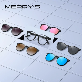 MERRYS DESIGN 5 In 1 자석 편광 된 클립 안경 프레임 여성 라운드 안경 프레임 안경 S2320 