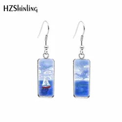 Summer sailboat Ocean Wave Rectangular Hook Earrings Glass Cabochon Dangle Drop Stainless Steel  Ear Jewelry