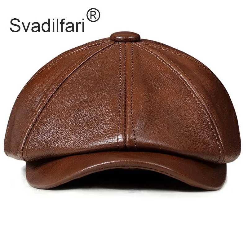 Retro Octagonal Genuine Leather Hat Autumn Men\'s Cowhide Leather Beret Elegant Fashion Student Tongue Cap Snapback Caps For Men