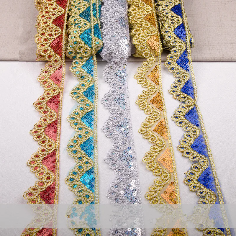 9Yard Sequin African Lace Paillettes Mesh Fabric Material Ribbon Braid Trim Sew Dance Cloth Curtain Accessory Gold 4.5CM