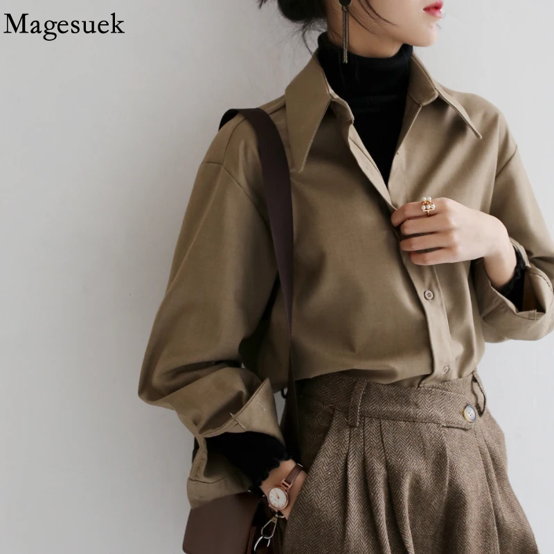 Autumn Casual Long Sleeve Shirt Women OL Style Workwear Elegant S-XL Coffee Blouse Women Spring Solid Korean Loose Shirt 17500