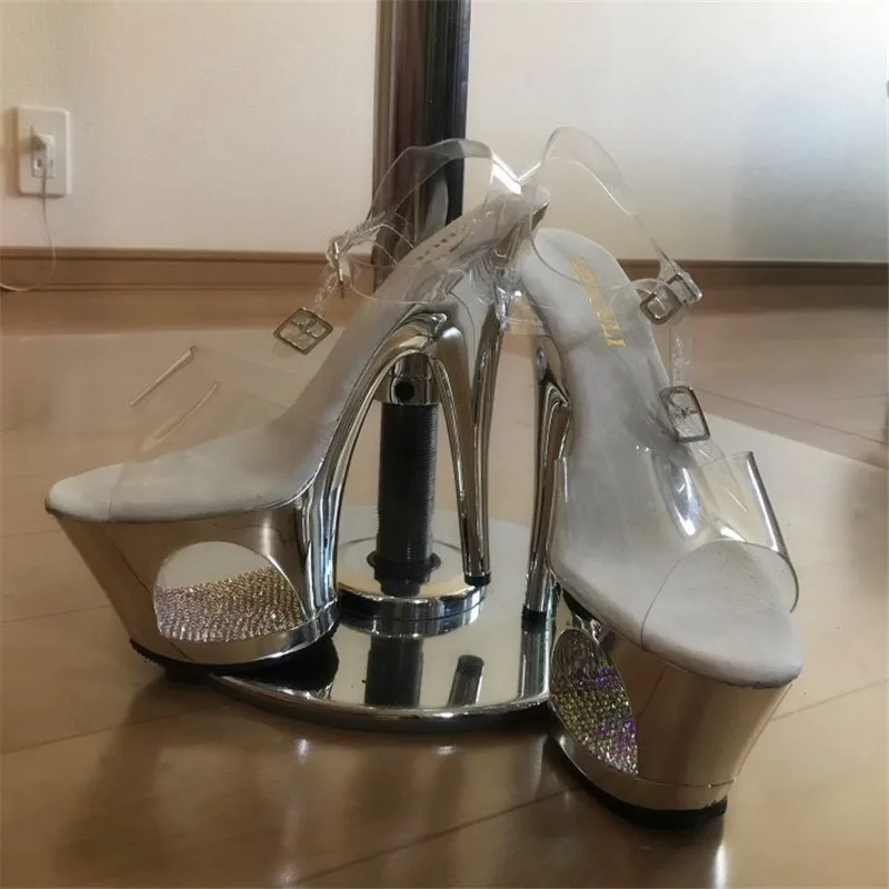 17 cm electroplated hollow waterproof platform with high-heeled buckle sandals, stage show dancing shoes
