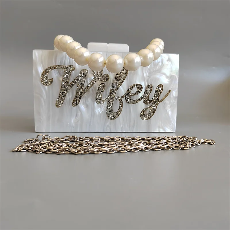 Women Pearl White  Silver Glitter Letter Name Wifey  Acrylic Evening Clutch Bag Ladies Chain Party Shoulder Purses And Handbag