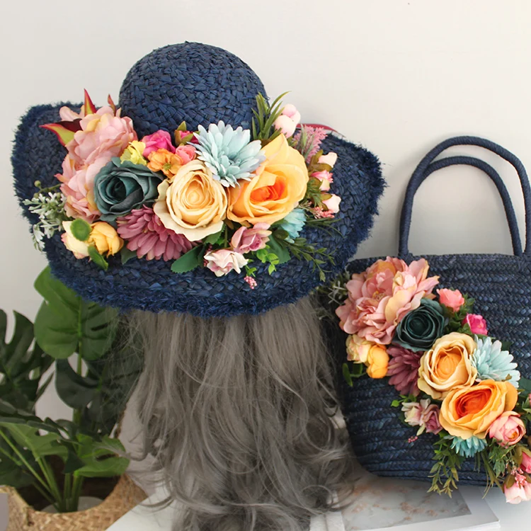 

Bohemia Holiday Tote and Hat Suit Women Fashion Rattan Handbag Colorful Artificial Flowers Weave Raffia Straw Summer Beach Bag