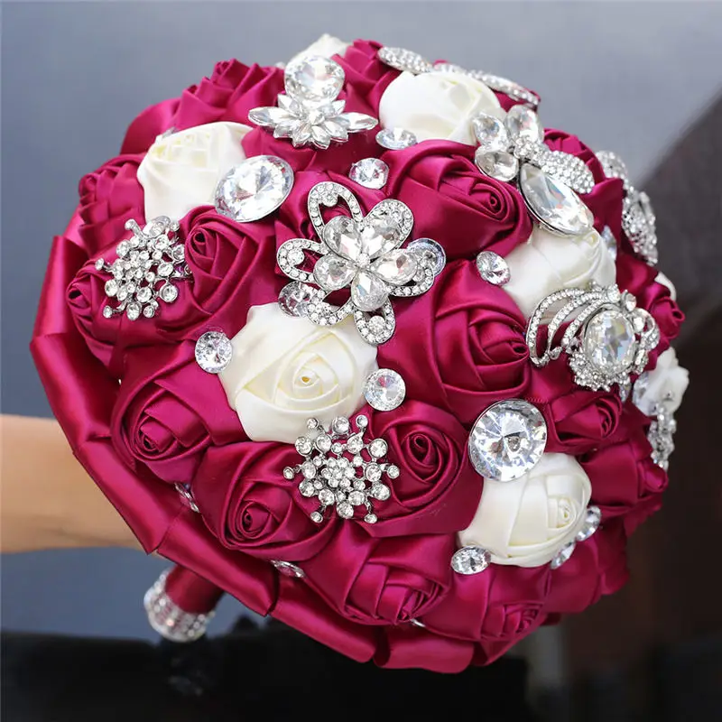 Salsa Bouquet da sposa viola avorio raso rosa fiori artificiali spilla matrimonio strass Bouquet da damigella d'onore da sposa W704