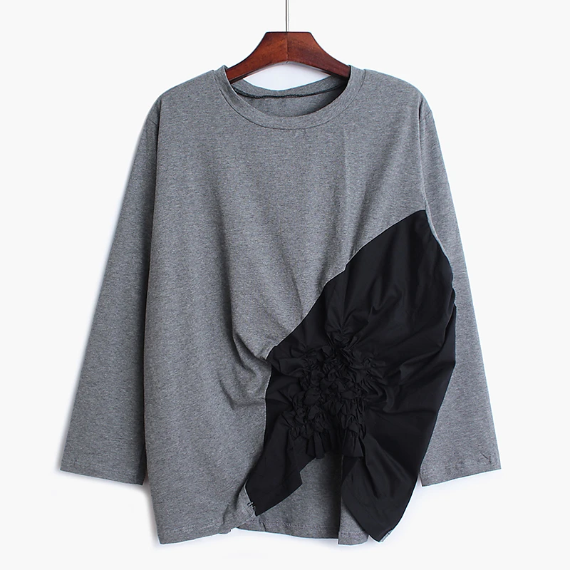 Women Gray Pleated Split  Asymmetrical Temperament T-shirt New Round Neck Short Sleeve Fashion Spring Summer 2020 V431