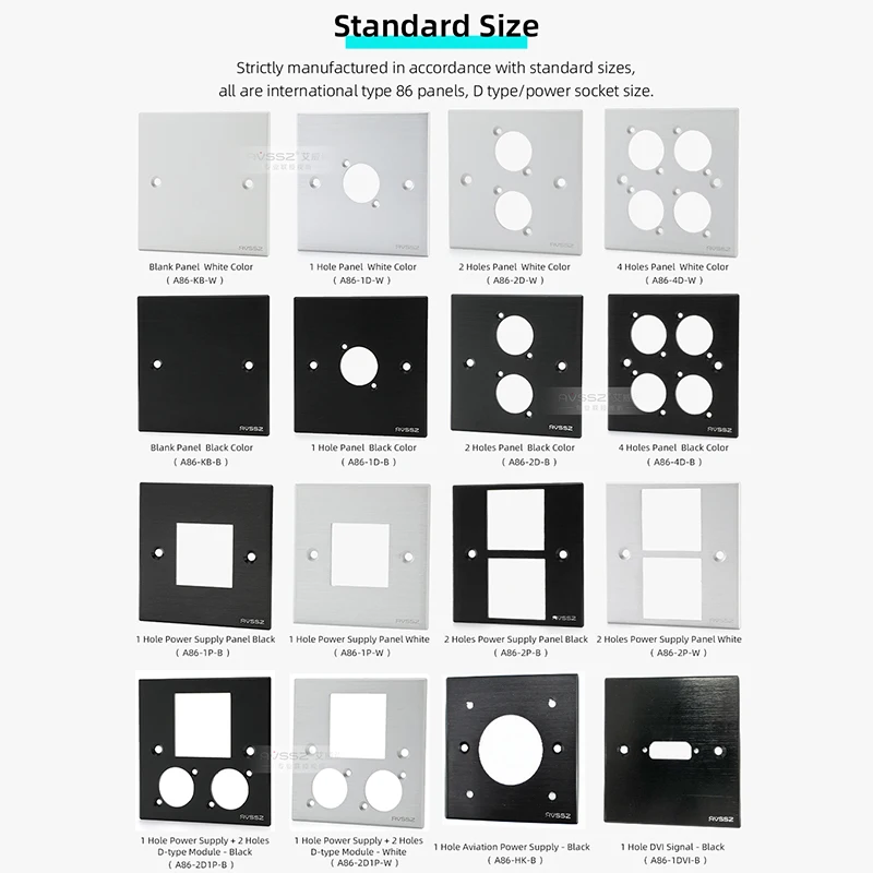AVSSZ typ 86 Audio wideo gniazdo zasilania Panel ze stopu aluminium szczotkowany 1/2/3/4 otwór/pusty czysty arkusz pasuje do typu D XLR RCA
